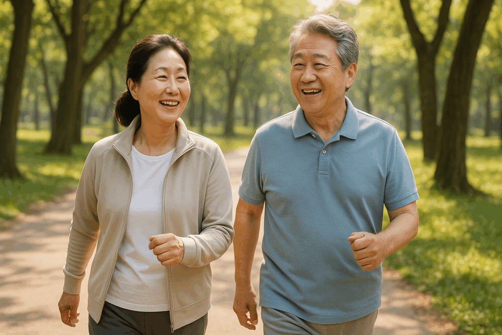 건강한 60대 중장년 부부가 공원에서 산책하며 웃는 모습