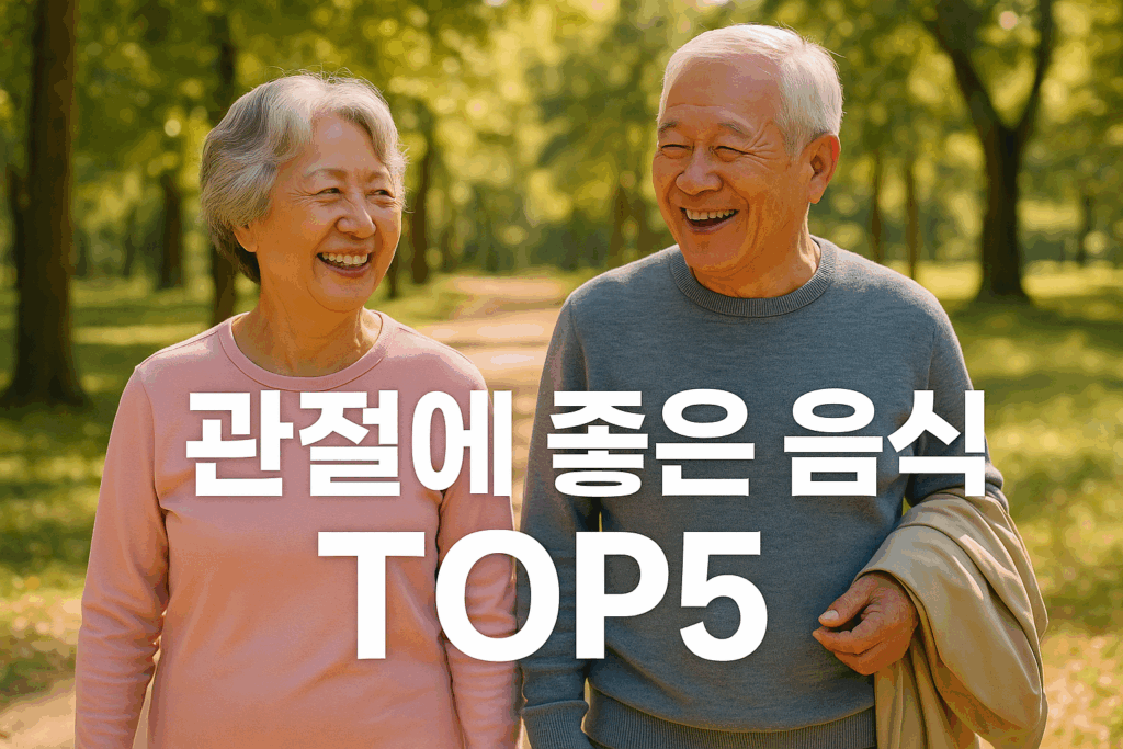 공원에서 웃으며 산책하는 중장년 부부와 '관절에 좋은 음식 TOP5'라는 굵은 제목이 들어간 건강 블로그 썸네일 이미지