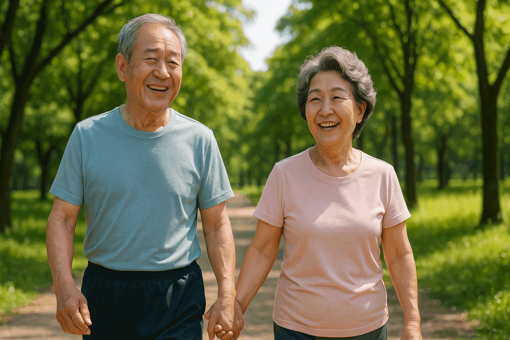 60대 부부가 공원에서 걷는 모습