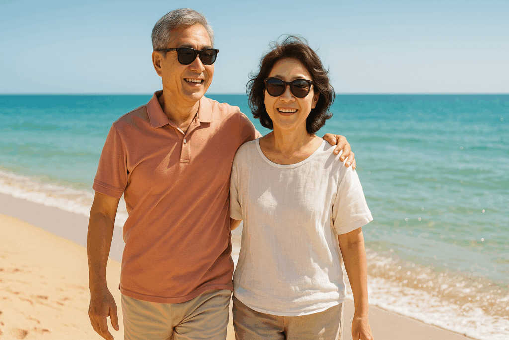60대 부부가 해변에서 선글라스를 쓰고 산책하며 눈 건강을 지키는 모습
