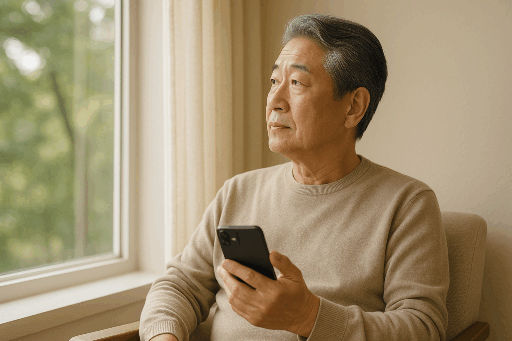 눈 피로를 풀기 위해 스마트폰기기사용을 중지하고 휴식을 취하는 60대 중년 남성