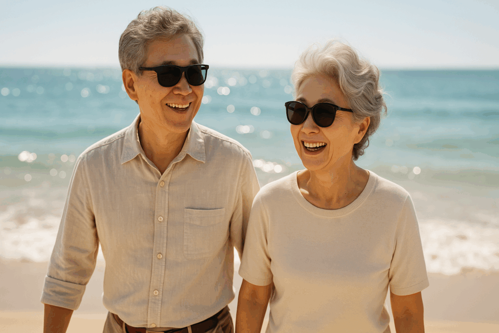 밝은 해변에서 선글라스를 쓰고 산책 중인 건강한 60대 부부 – 시력 보호 상징
