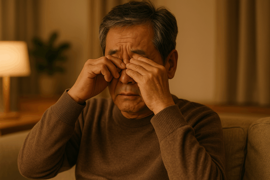 alt="눈의 피로를 느껴 눈을 감싸고 있는 60대 남성의 모습"