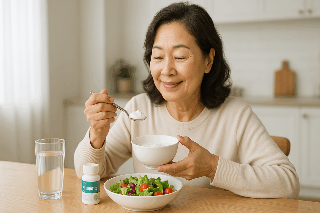 "60대 한국 여성이 식탁에서 요거트와 샐러드를 먹으며 유산균 영양제와 함께 장 건강을 관리하는 모습을 담은 생활 사진 스타일 이미지"
