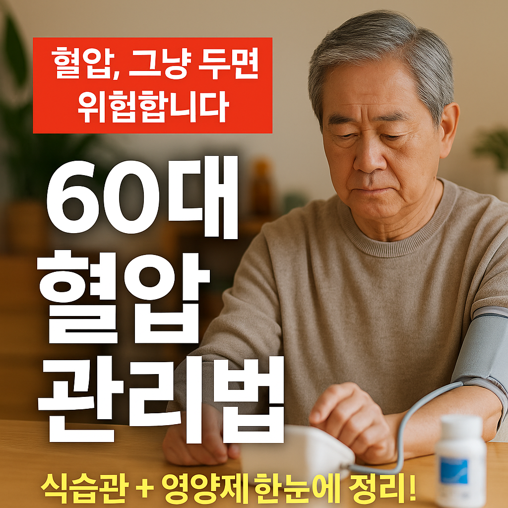 "60대 한국 남성이 전자 혈압계로 혈압을 측정하는 모습과 함께 '60대 혈압 관리법'이라는 한글 텍스트가 강조된 건강 정보형 썸네일 이미지"