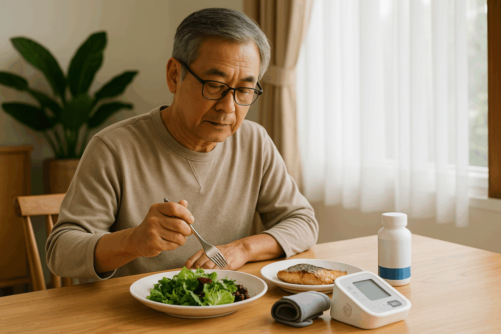 "60대 한국 남성이 식탁에서 샐러드와 생선을 식사하며, 옆에 혈압계와 영양제가 놓여 있는 모습 – 중장년 혈압 건강 관리를 상징하는 장면"