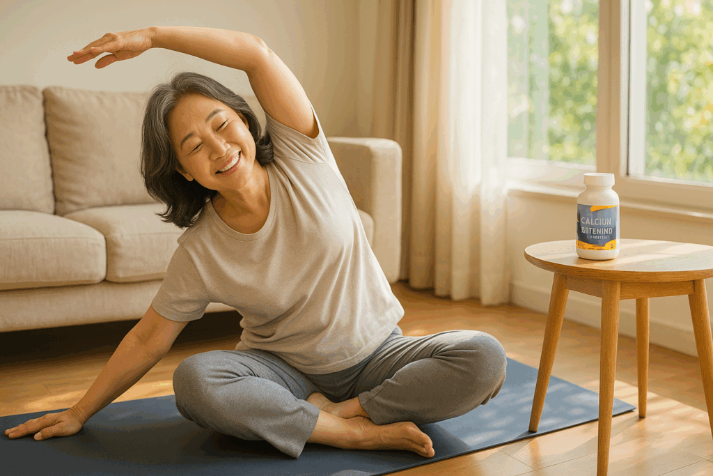 60대 한국 여성이 거실에서 요가 매트를 펴고 스트레칭을 하며 뼈 건강을 관리하는 모습, 옆 테이블에 칼슘과 비타민D 영양제가 놓여 있는 장면
