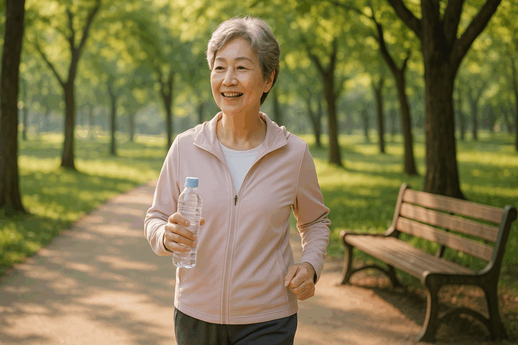 60대 한국 여성이 공원에서 가볍게 걷기 운동을 하며 물을 마시는 장면 – 혈관 건강을 위한 일상 루틴을 표현한 이미지

