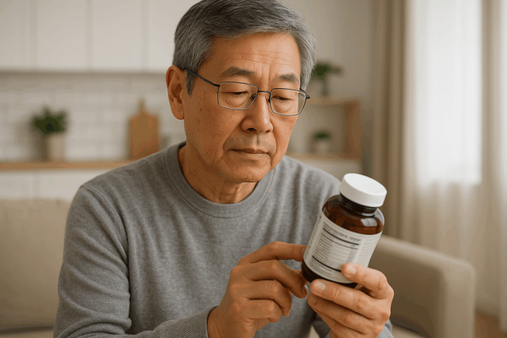 콜레스테롤 관리 중인 60대 남성이 영양제를 고르는 모습