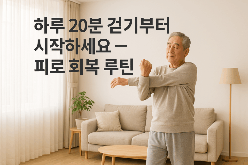 밝은 거실에서 스트레칭하는 60대 한국인 남성의 모습 – 피로 회복을 위한 생활 습관을 나타내는 장면, '피로 회복 루틴'이라는 텍스트가 포함됨