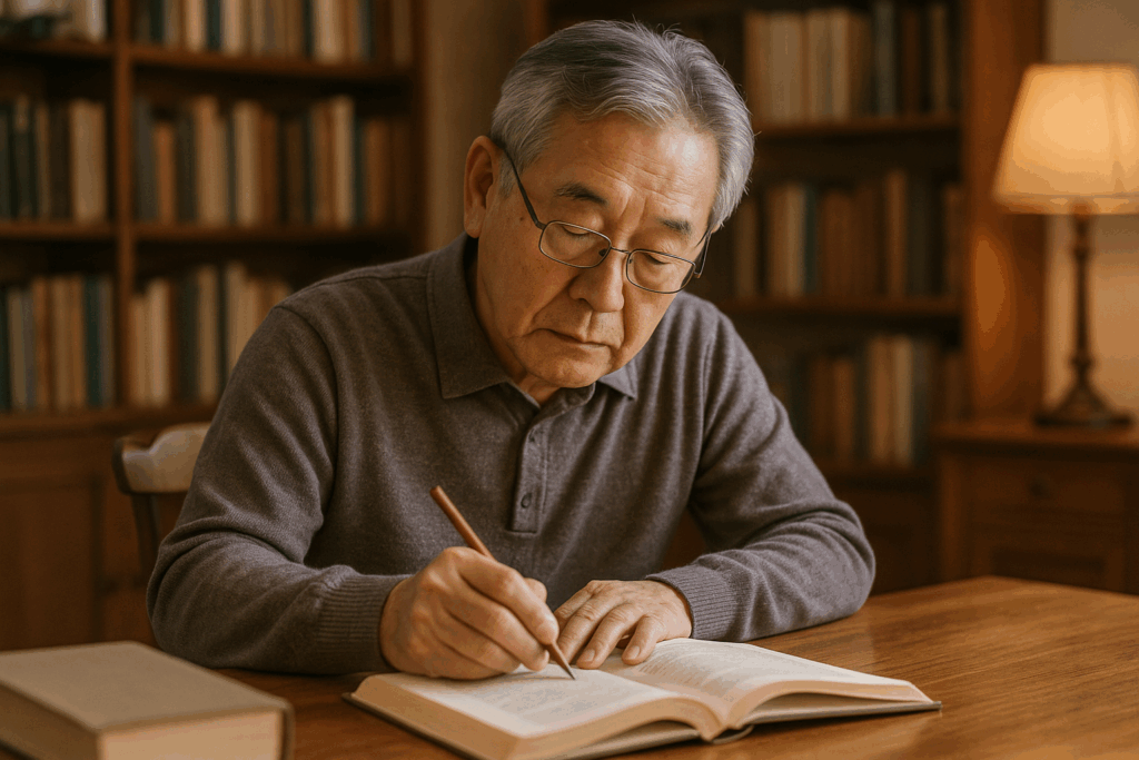 건망증 예방을 위해 독서하며 메모하는 60대 남성의 모습