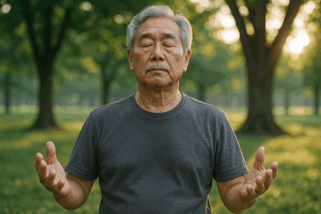 집중력 회복을 위해 아침 명상과 호흡 운동을 실천하는 60대 남성